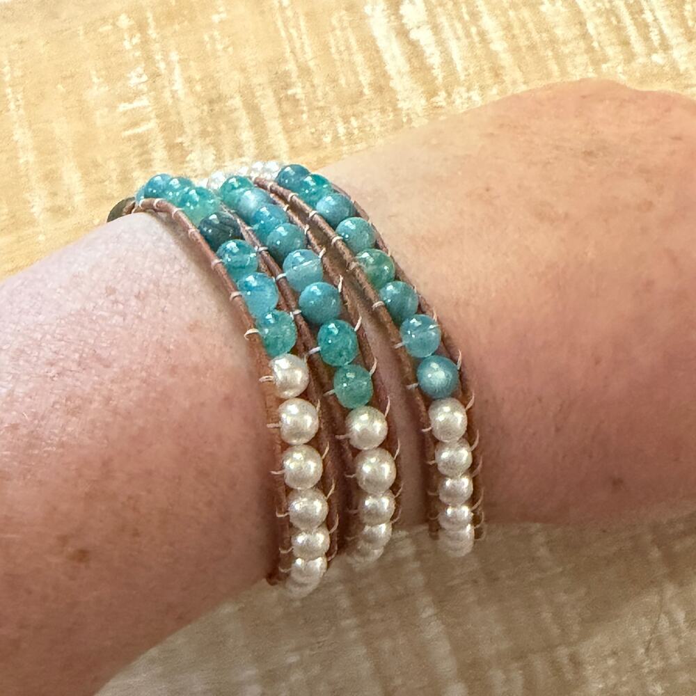 Beaded Wrap Bracelet Blue Apatite Glass Faux Pearl Leather Boho Beachy